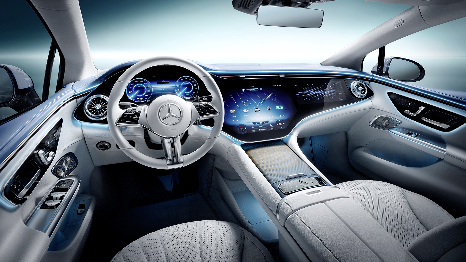 Mercedes-EQ. EQE 350, Edition 1, AMG Line, Interieur: Leder nevagrau/reflexblau (Stromverbrauch nach WLTP: 19,3-15,7 kWh/100 km; CO2-Emissionen: 0 g/km);Stromverbrauch nach WLTP: 19,3-15,7 kWh/100 km; CO2-Emissionen: 0 g/km*Mercedes-EQ. EQE 350, Edition 1, AMG Line, interior: leather neva grey/reflex blue (electrical consumption WLTP: 19,3-15,7 kWh/100 km; CO2 emissions: 0 g/km);Electrical consumption WLTP: 19,3-15,7 kWh/100 km; CO2 emissions: 0 g/km*