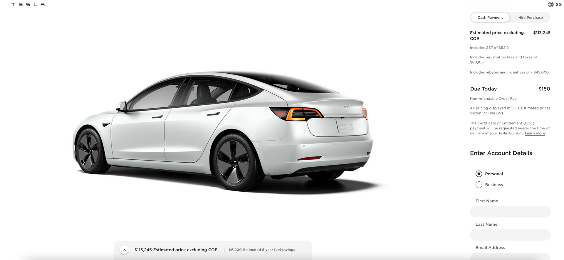 Captura de pantalla de la web de Tesla para Singapur.